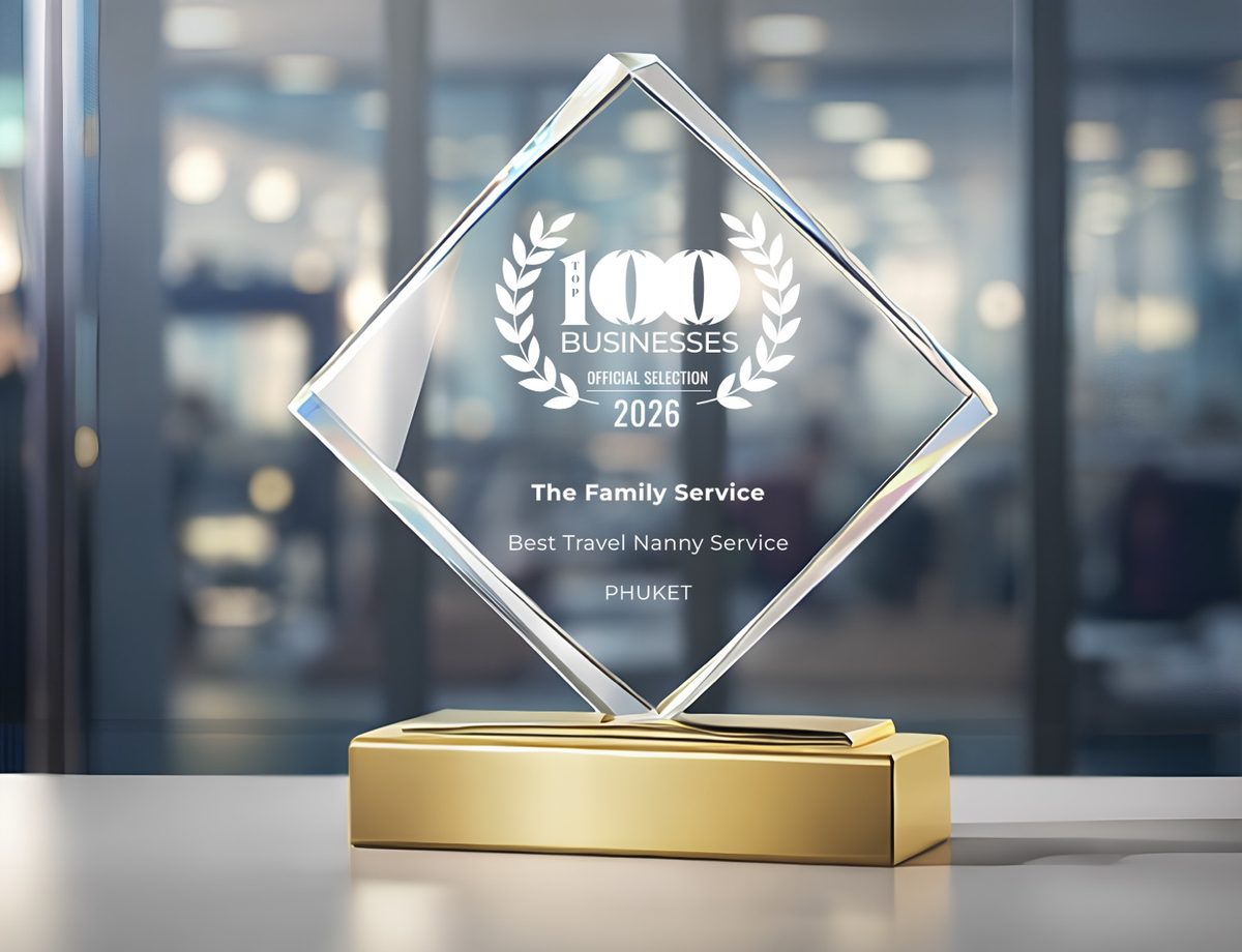 Top 100 Businesses 2026 crystal trophy awarded to The Family Service - Best Travel Nanny Service Phuket