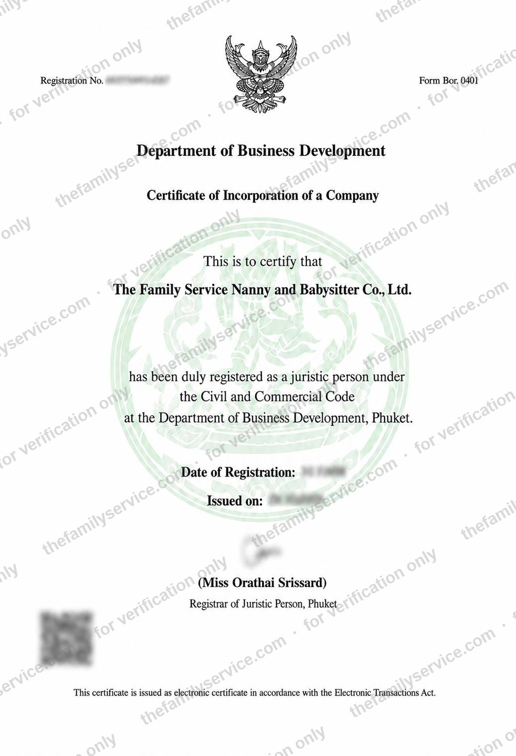 Certificate of Incorporation (English) - The Family Service Nanny and Babysitter Co., Ltd.
